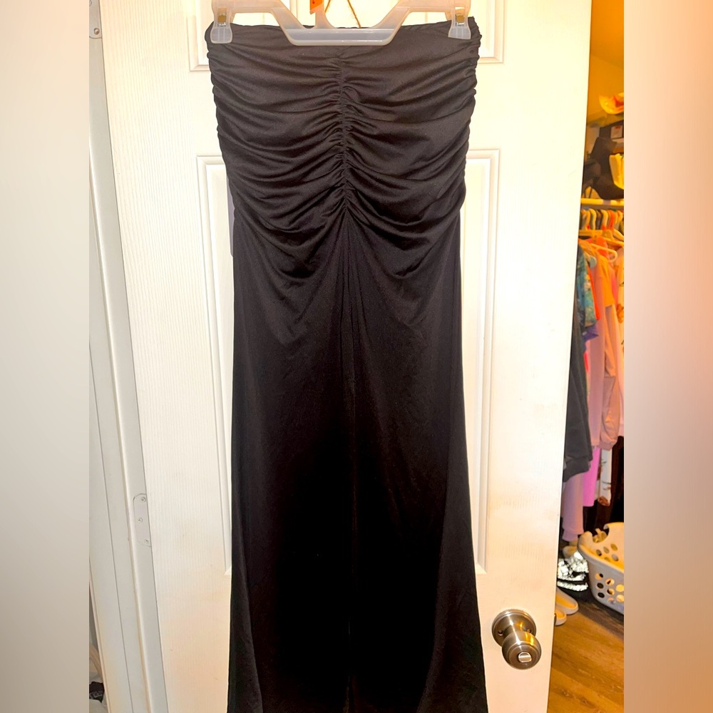 Strapless, black dress with split up the back to the upper thigh 39 inches long
